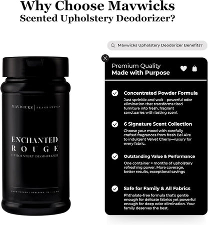 Mavwicks Fragrances - Upholstery Deodorizer (Enchanted Rouge) 16 Oz - Rug, Couch & Carpet Deodorizer - Vacuuming Powder, Pet Safe Carpet Freshener Powder - Odor Eliminator for Home