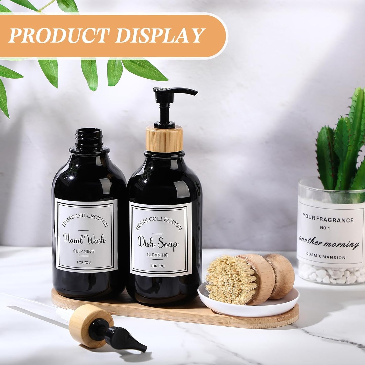 Zopeal 4 Pcs 16 oz Kitchen Soap Dispenser Set with Bamboo Tray and Dish Brush Plastic Soap Dispenser Set with Waterproof Labels for Hand Dish Lotion(Frosted Black)