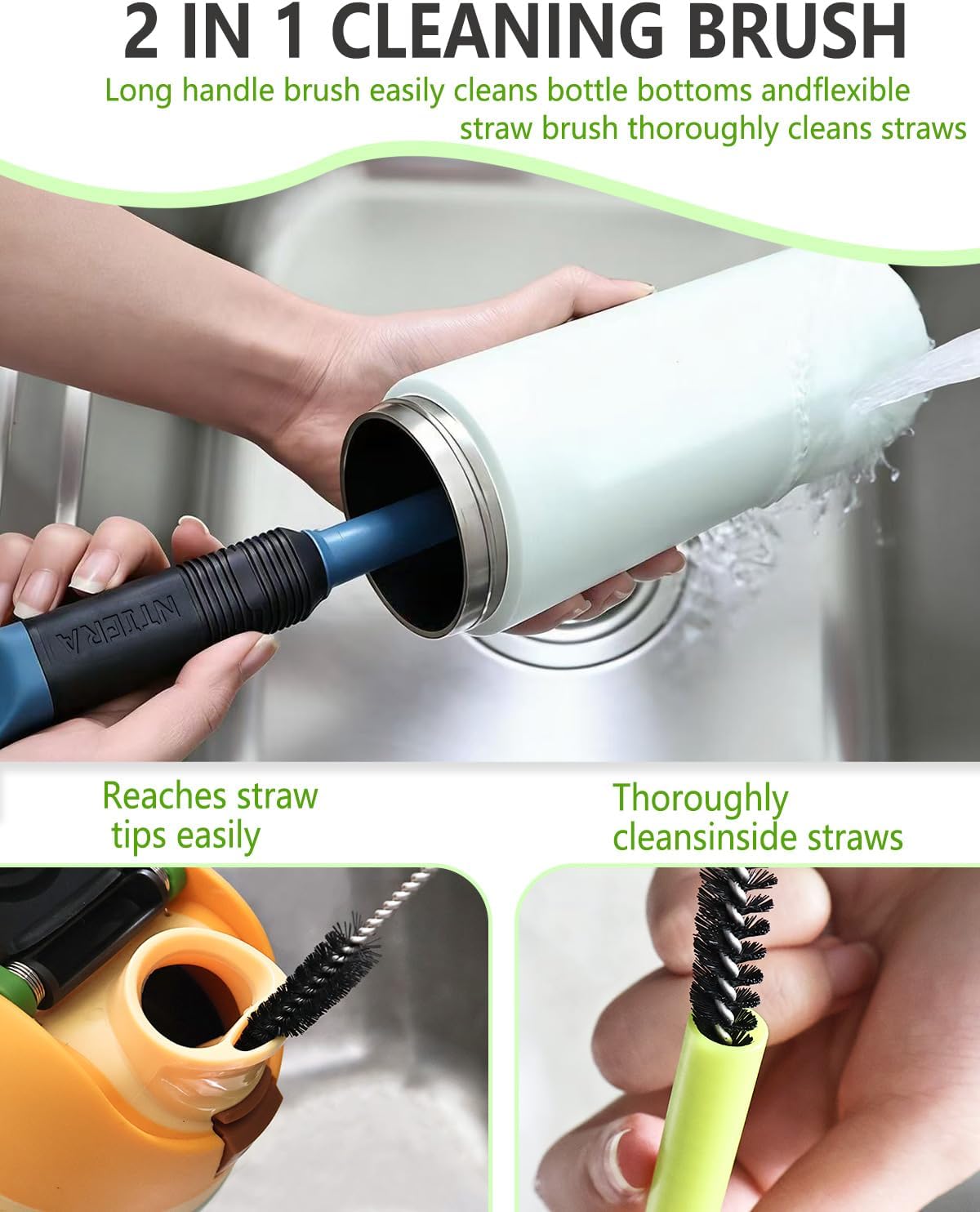 NTIERA 2-in-1 Bottle Brush Cleaner Kit Set,Long Water Bottle Cleaning Brushes,Hidden Straw Brush in Handle,BPA-Free Dishwasher-Safe,for Stanley & Owala Water Bottle,Baby Bottles Cup