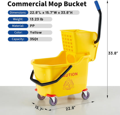 Commercial Mop Bucket with Side Press Wringer on Wheels, 35 Quart Capacity for Floor Cleaning, Kitchens, Restaurants, and Janitorial Use, Yellow