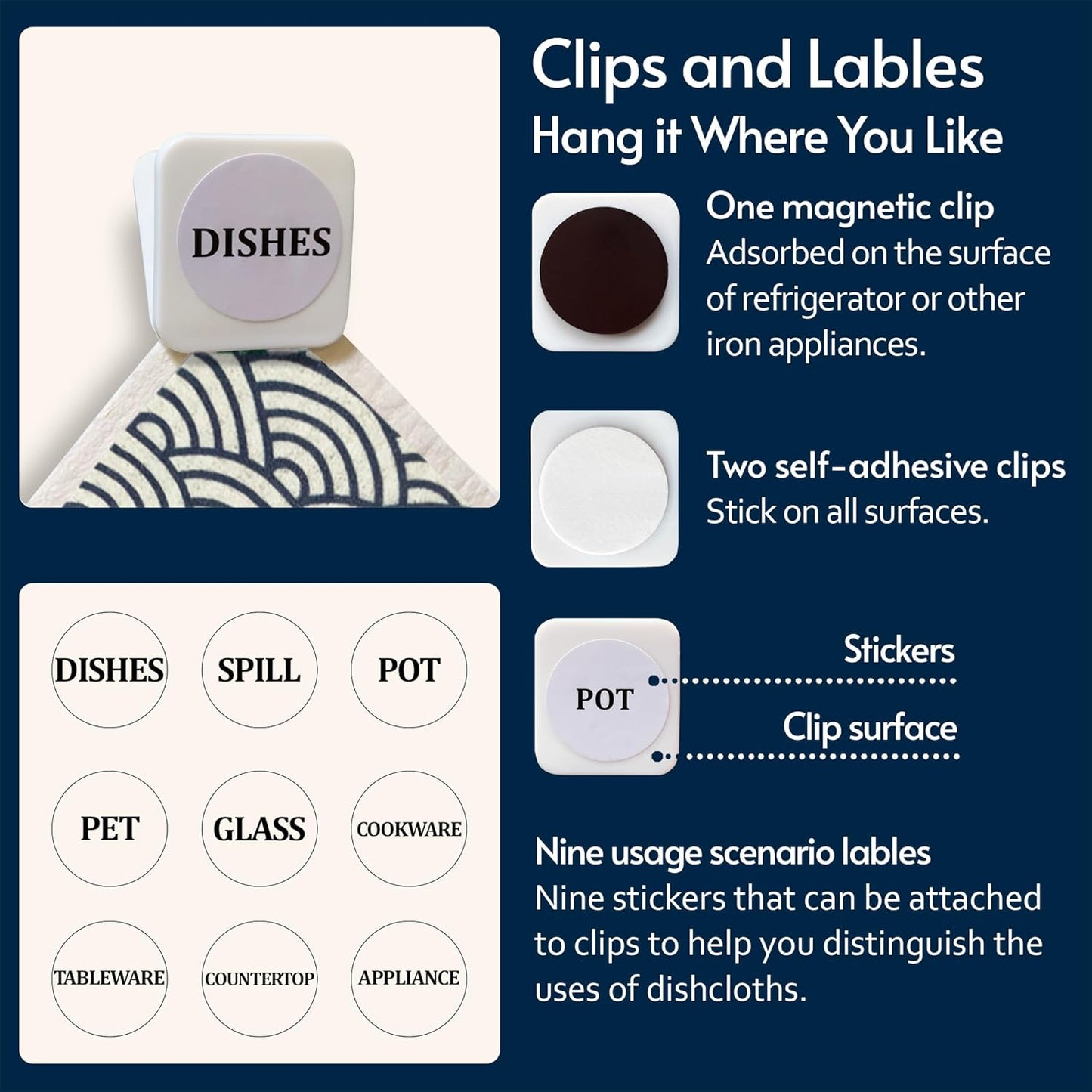 Eulnars Swedish Dishcloths for Kitchen, 8 Pack Reusable Paper Towels with Clips, Non-Scratch Swedish Kitchen Towels, Super Absorbent Cellulose Sponge Cloths, Dishwasher Safe, No Odor