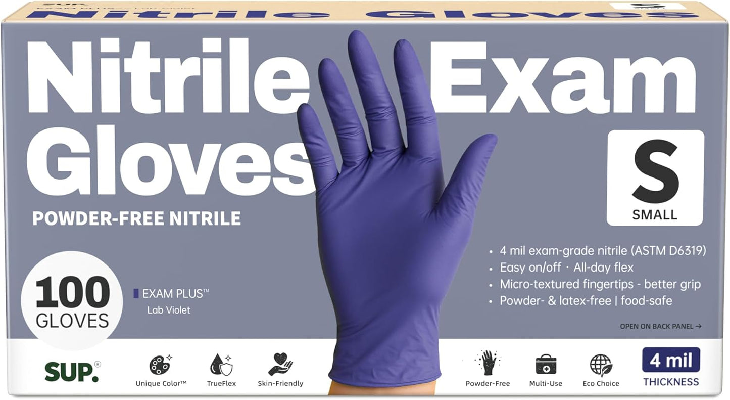 SUP Powder-Free Nitrile Exam Gloves, 100 Count Food Safe Latex-Free Medical Non-Sterile Cooking Disposable Glove, Blue Violet
