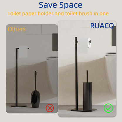 RUACQ Toilet Paper Holder Stand with Toilet Brush and Holder Set, 304 Stainless Steel Bathroom Toilet Tissue Paper Roll Holder Free Standing, Weighted Base, Heavy Duty (Matte Black)
