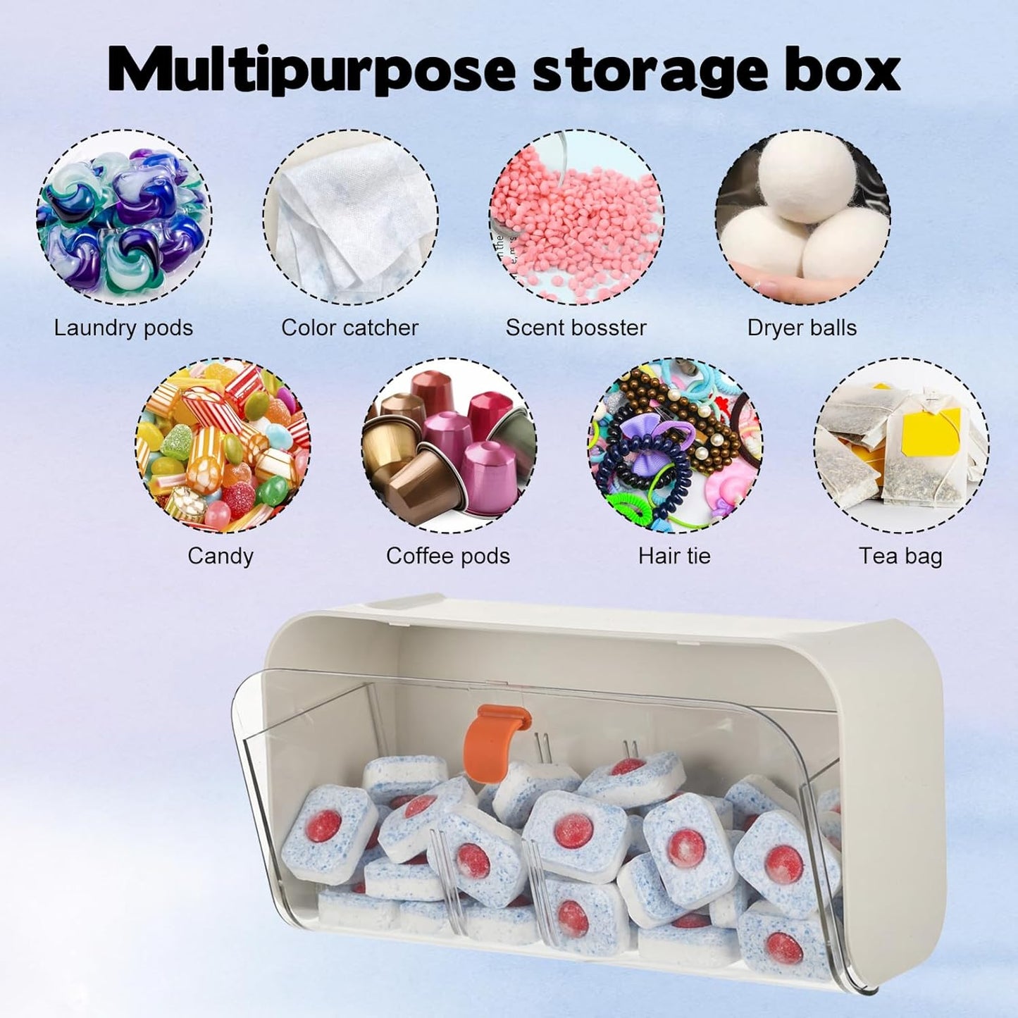 Dishwasher Detergent Pods Holder Wall-Mounted Clear Laundry Pods Container with Divider for Scent Booster Beads Dryer Balls Hanging Storage Container for Detergent Home Kitchen and Laundry Room