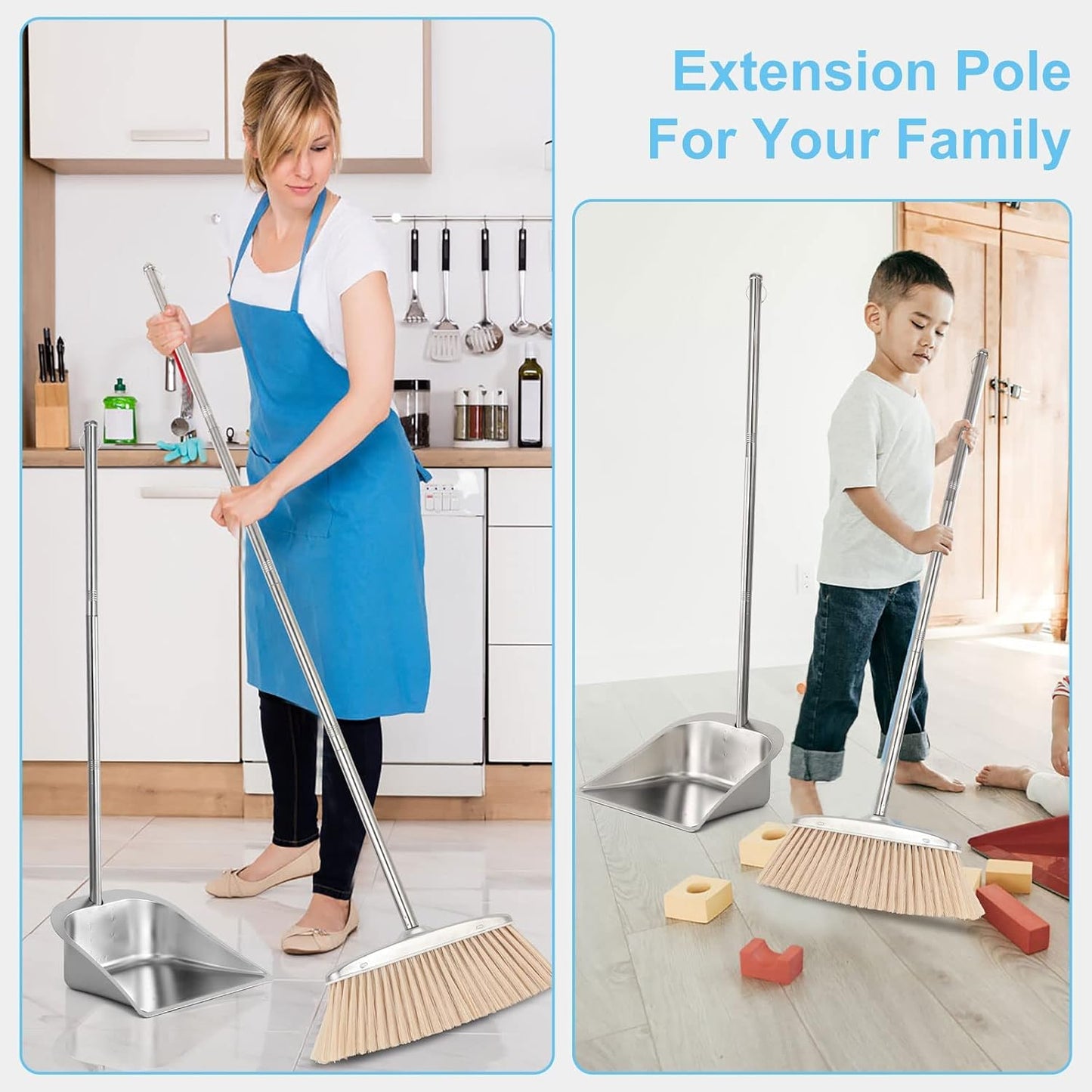 VOOWO Heavy Duty Broom and Dust pan Set, Stainless Steel Broom and Dustpan Set with Long Handle, Broom with Dustpan Set for Home Standing Dust Pan Indoor Outdoor Brooms Dustpan