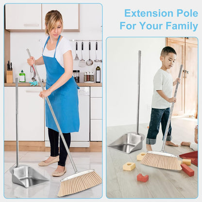 VOOWO Heavy Duty Broom and Dust pan Set, Stainless Steel Broom and Dustpan Set with Long Handle, Broom with Dustpan Set for Home Standing Dust Pan Indoor Outdoor Brooms Dustpan