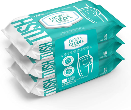 Nice 'N Clean Adult Flushable Wipes (3 x 60 Count) | Personal Cleansing Wipes Made from Plant-Based Fibers | Infused with Aloe & Vitamin E