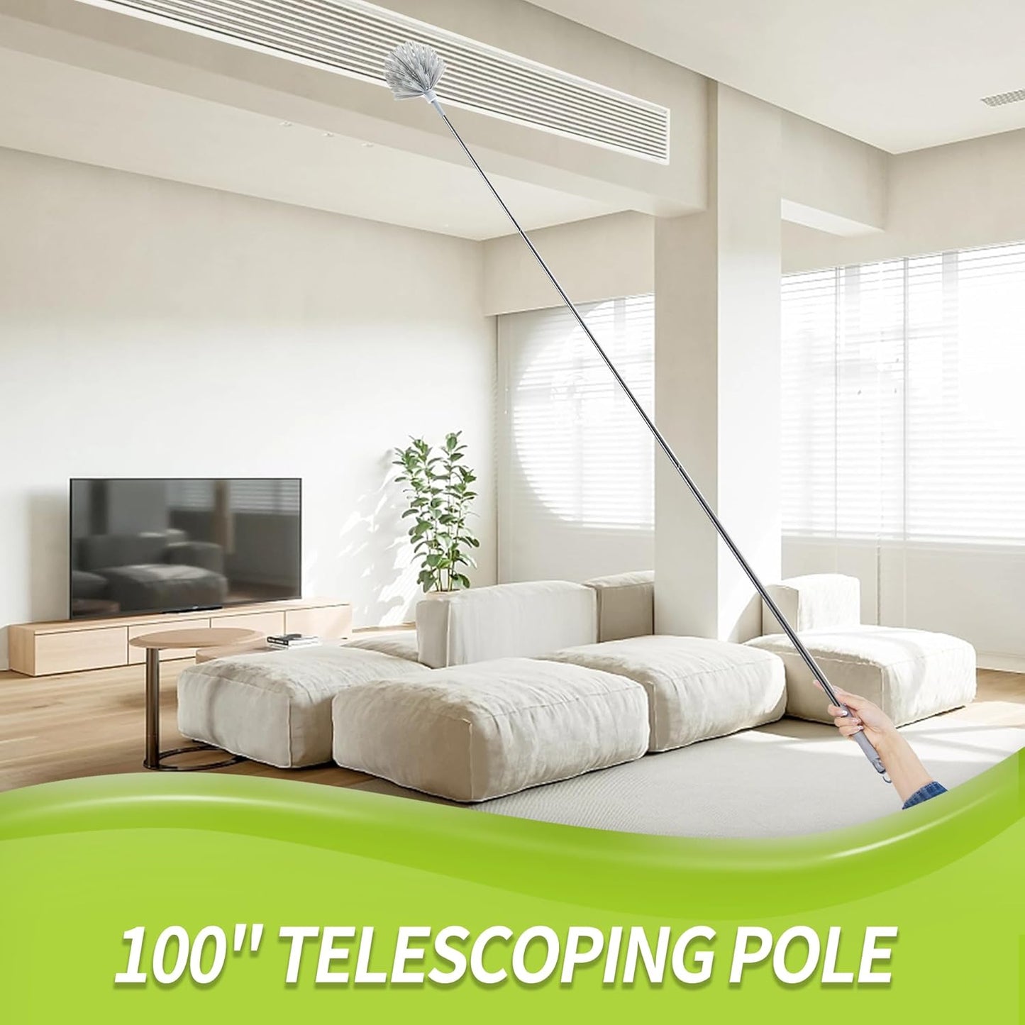 IVYROLL Cobweb Duster with Extension Pole, Spider Web Brush & Ceiling Cleaning Kit, 100" Microfiber Feather Duster Cleaner with Washable Head for Ceiling Fan, Furniture, Home