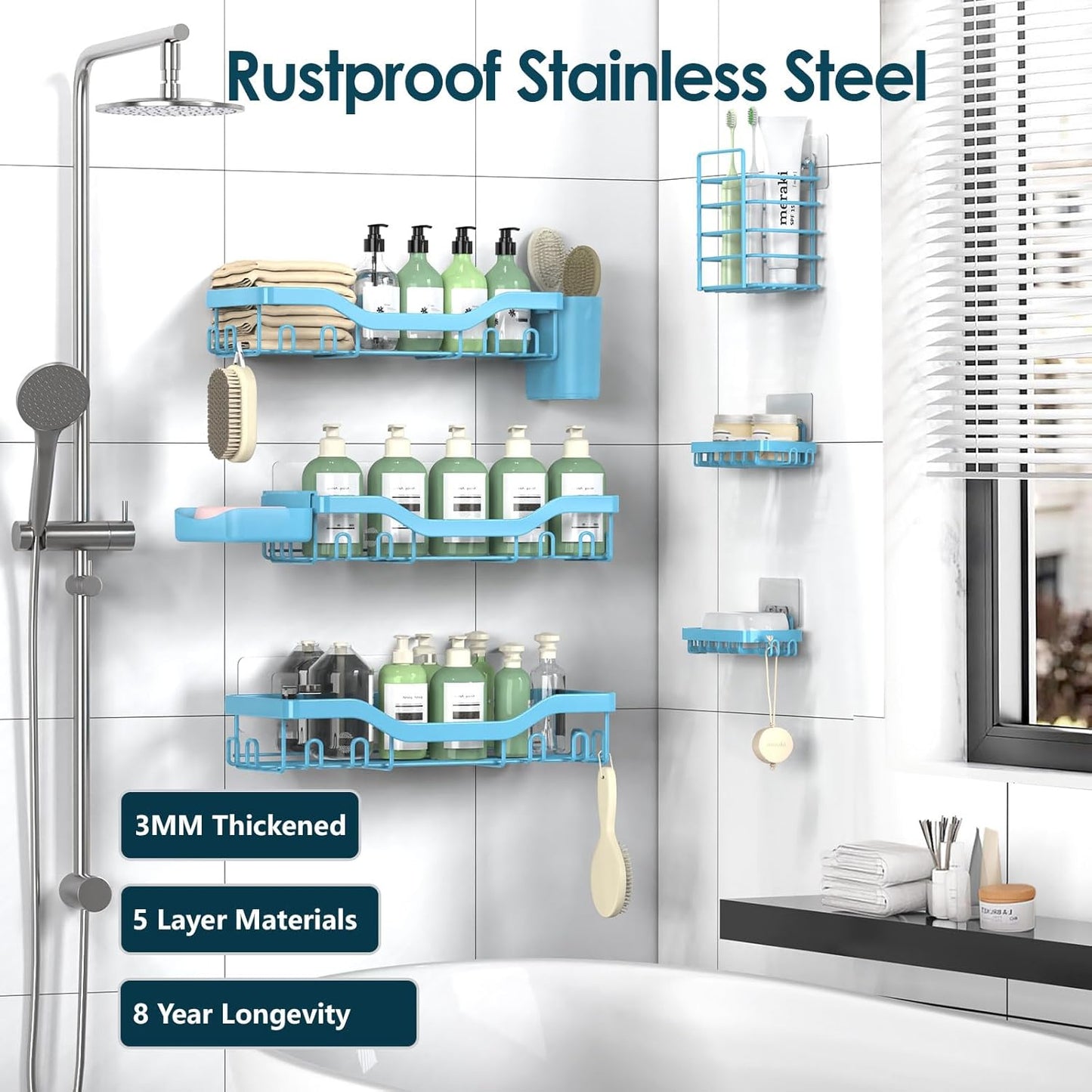 NESOMI Shower Caddy Adhesive Shower Organizer 7-Pack, Rustproof Stainless Steel Bathroom Shelves, Large Capacity No-Drill Rack Storage Accessories with Soap Dish Toothbrush Holder &24 Hooks Home Decor