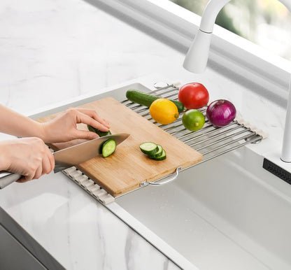 Tomorotec 17.7" x 15.5" Roll Up Dish Drying Rack Over Sink Drying Rack Sink Cover Kitchen Sink Accessories Gadget Multipurpose Organizer Foldable Stainless Steel Drainer (Grey)