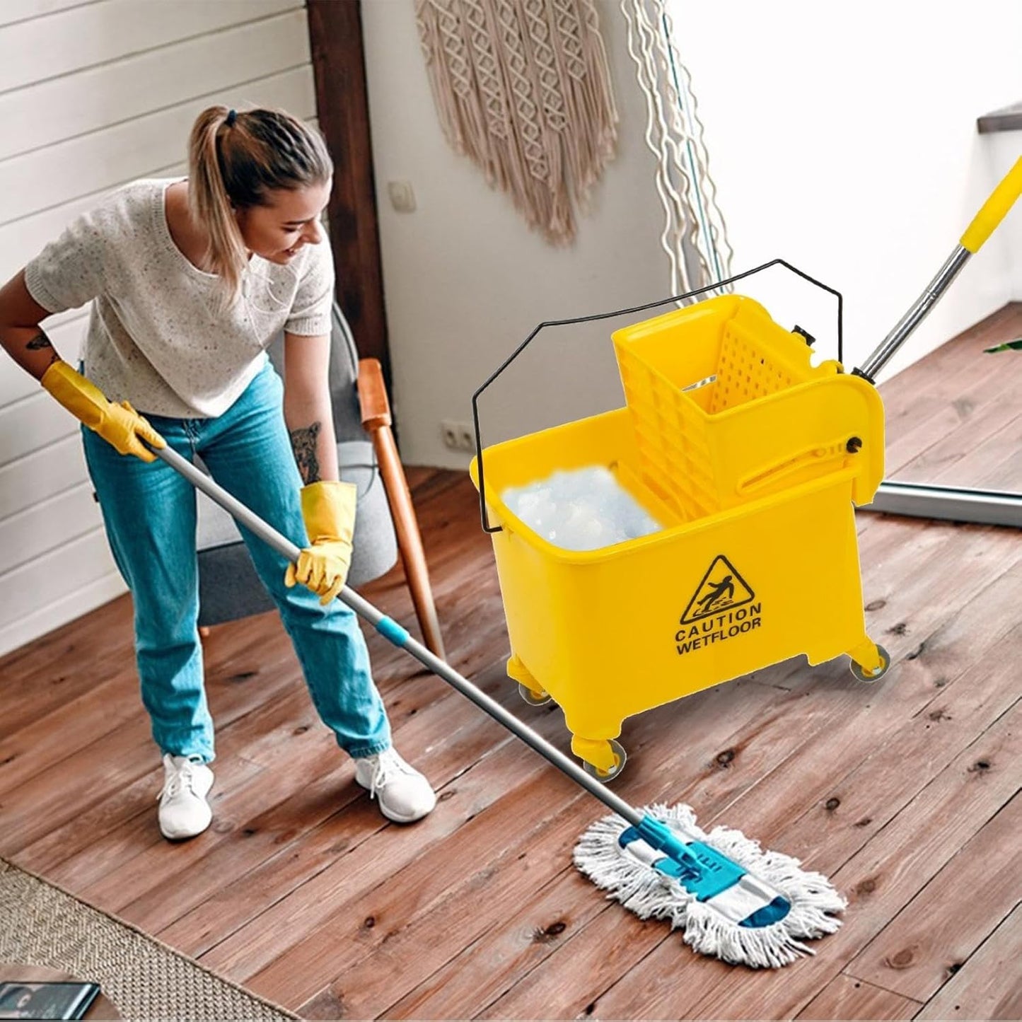 Mop Bucket with Side Press Wringer on Wheels, Industrial Mop Bucket 20 Quart Side Wringer Combo Bucket with Wringer Set for Home Business Cleaning