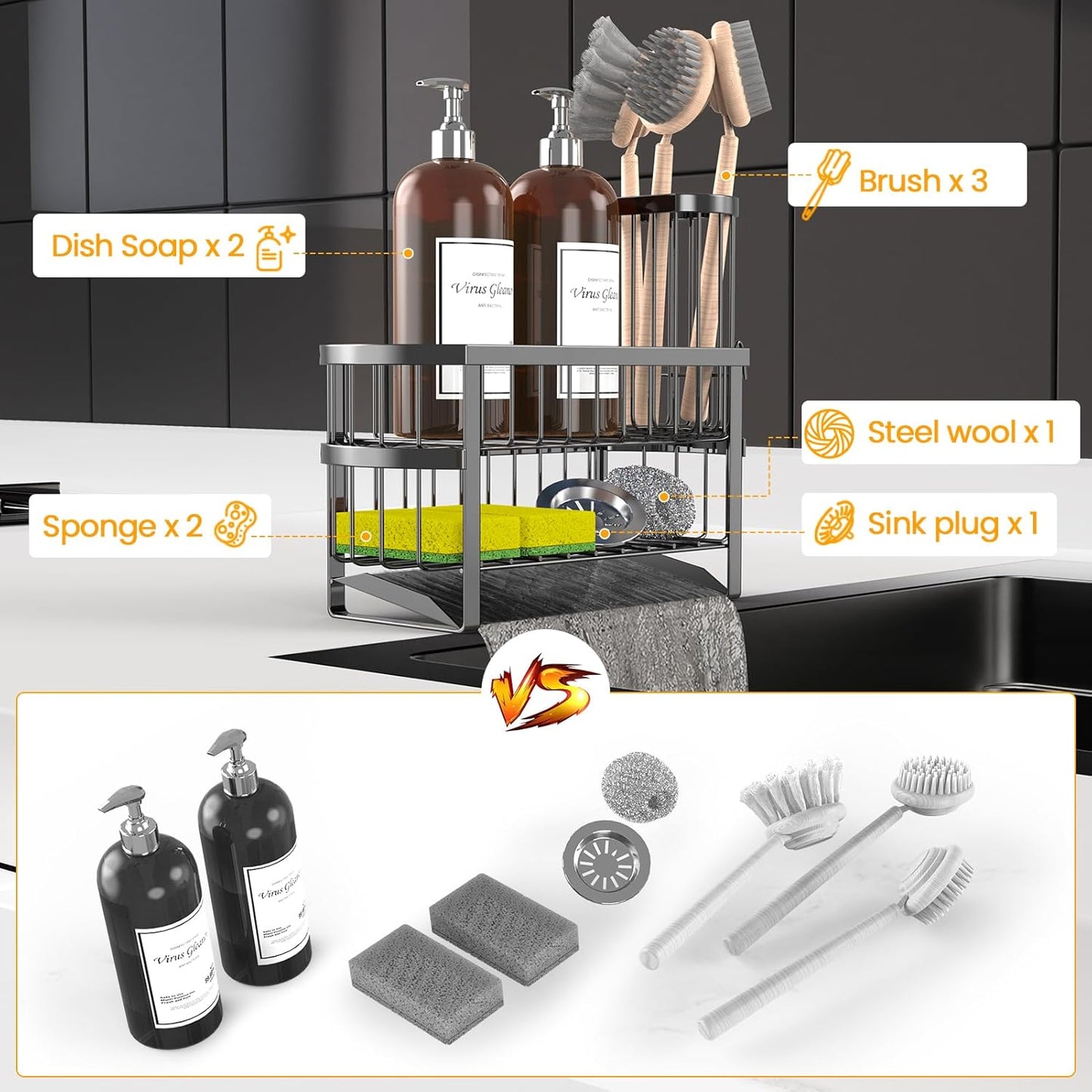 Kitchen Sink Organizer Caddy, 2 Tier Sink Caddy Organizer with High Brush Holder, Rust-Proof Countertop Rack (Black 10.6 * 4.3 * 5.7") for Kitchen Accessories & Dish Brushes