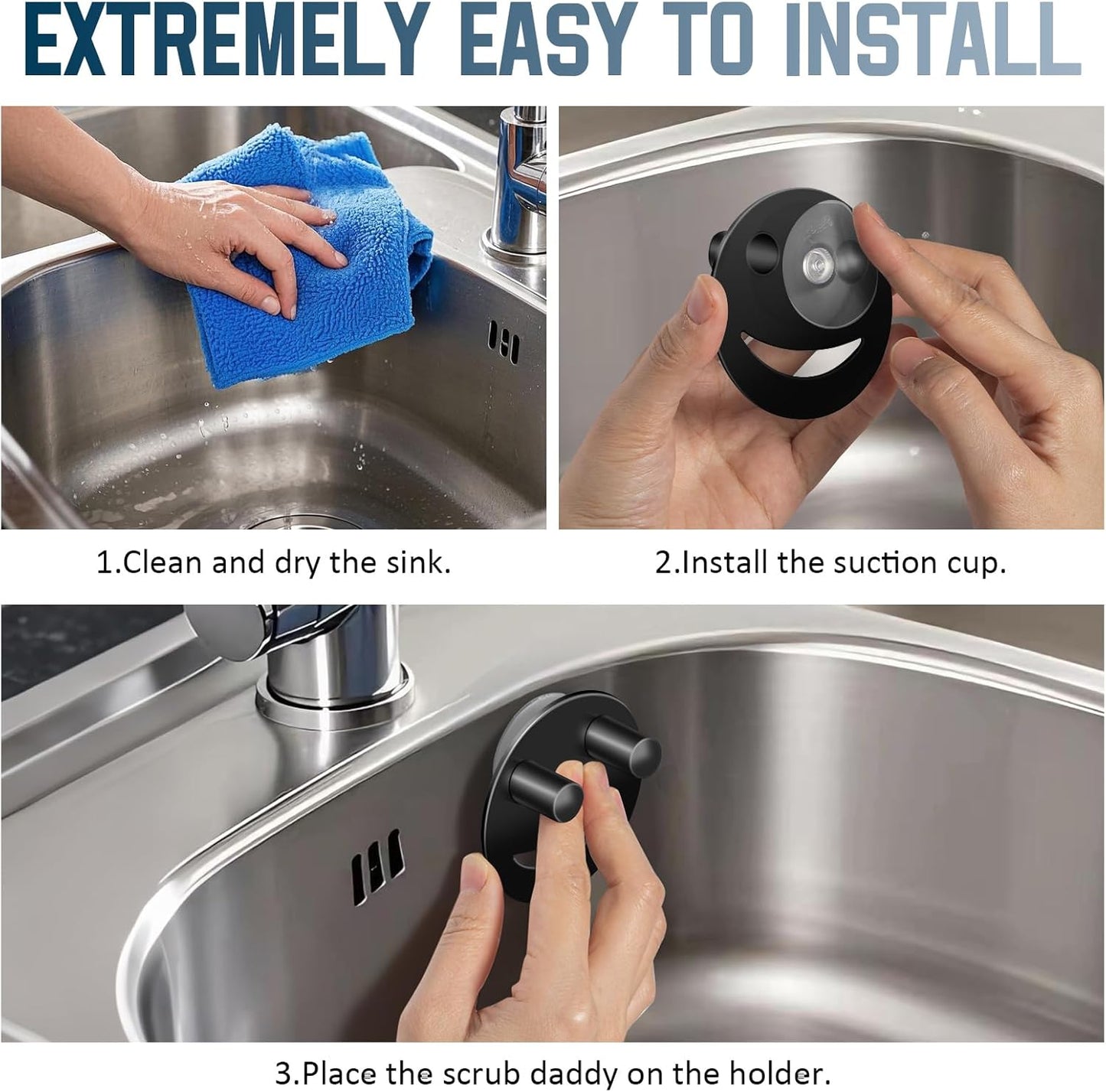 2 Pack Stainless Steel Smiley Face Dish Sponge Holder, Silver Sink Caddy Organizer Storage with Suction Cup for Kitchen, Kitchen Accessories Decor Scrubber-Silver