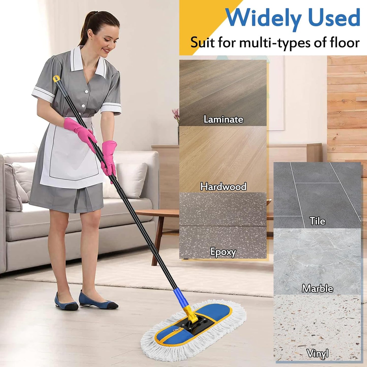Commercial Dust Mop for Floor Cleaning - Industrial Wet Dry Broom with 2 Washable Mops Pads for Hardwood Vinyl Laminate Floors Warehouse Courtyard Cleaning,16 Inch,Blue