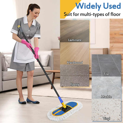 Commercial Dust Mop for Floor Cleaning - Industrial Wet Dry Broom with 2 Washable Mops Pads for Hardwood Vinyl Laminate Floors Warehouse Courtyard Cleaning,16 Inch,Blue