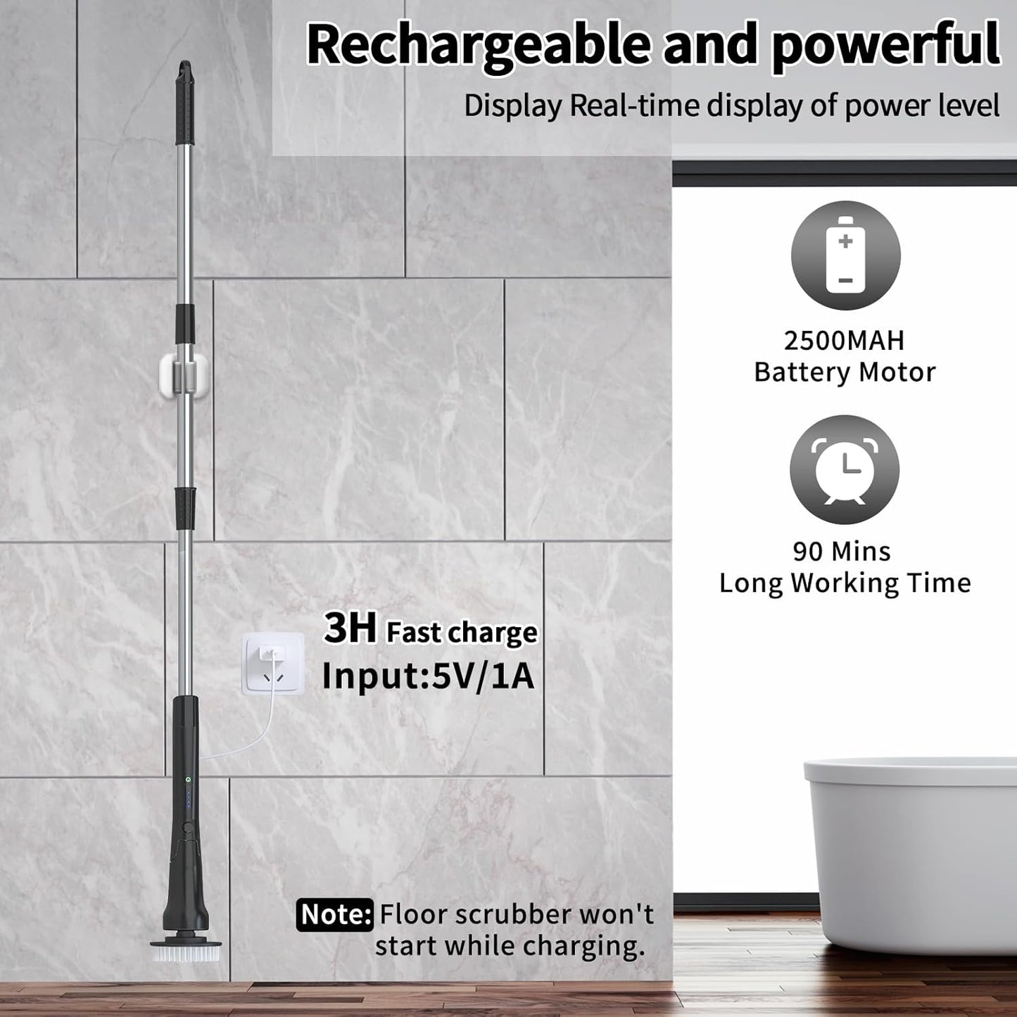 Electric Spin Scrubber, Hillyfe Bathroom Scrubber Electric with 7 Replaceable Brush Heads, IPX7 Waterproof,300/400 RPM, 3 Adjustable Length,Scrubber Brush Electric for Bathtub Floor,White