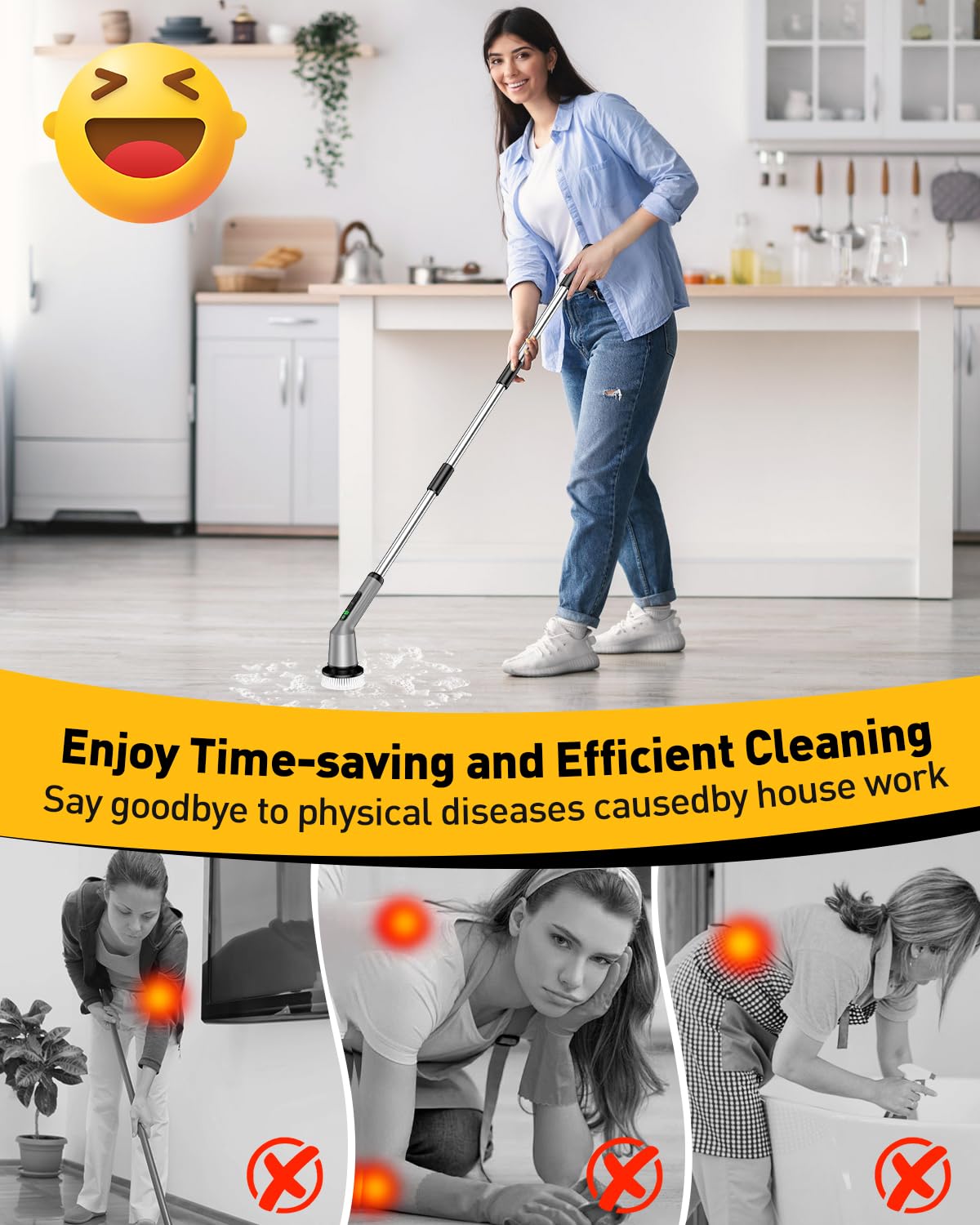 Electric Spin Scrubber for Cleaning Bathroom, Shower Scrubber Cordless Cleaning Brush with IPX7 Waterproof & 2 Speed, 3 Brush Heads, Bathroom Cleaning Supplies for Shower Tub Kitchen Tile Toilet White