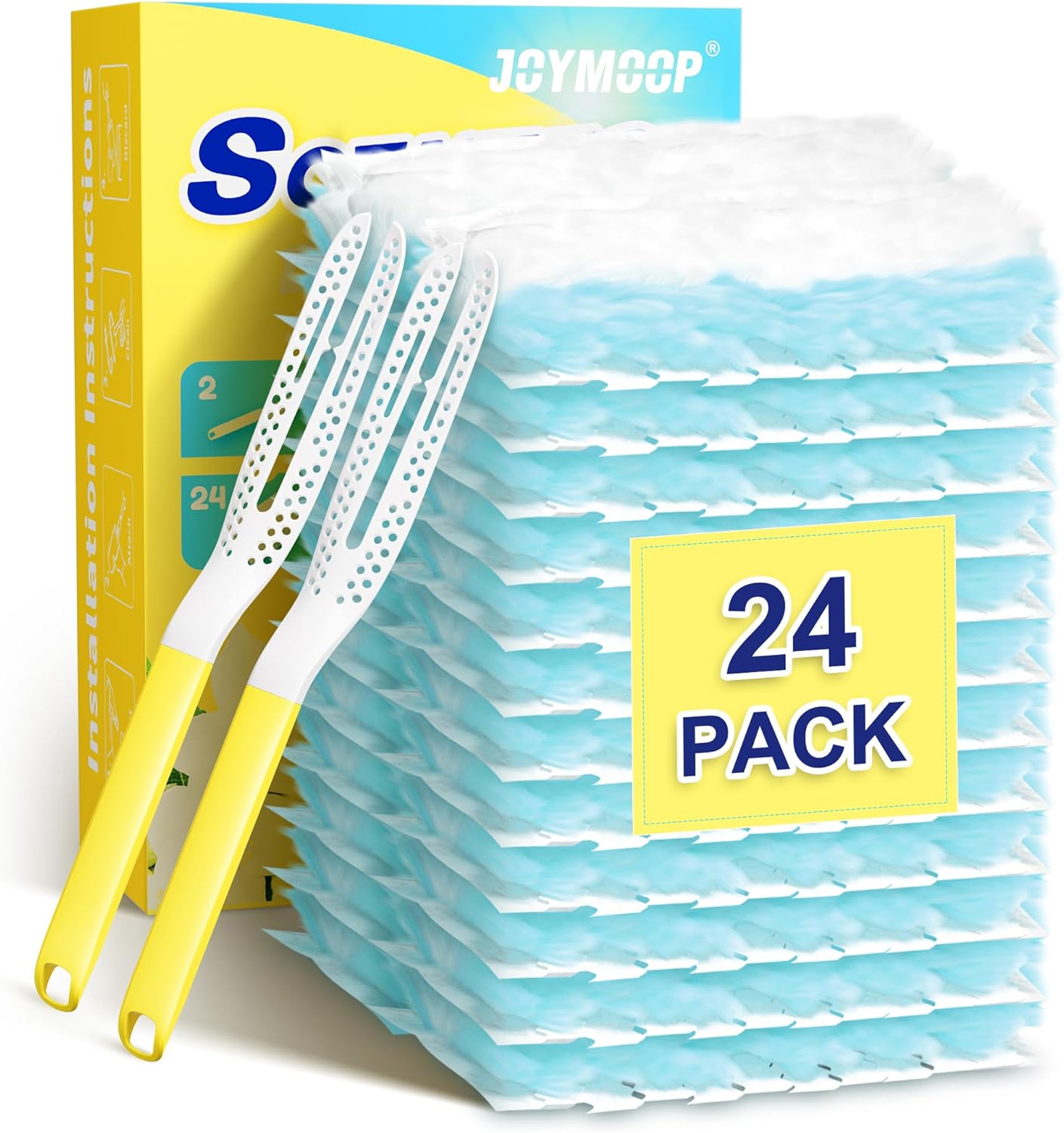 JOYMOOP Scented Telescopic Duster kit, 3FT Extendable Handle (Yellow) + 24 Yellow Refills for Swiffer Feather Duster,Easy Cleaning for Ceilings, Ceiling Fans, Blinds, Vents & Shelves