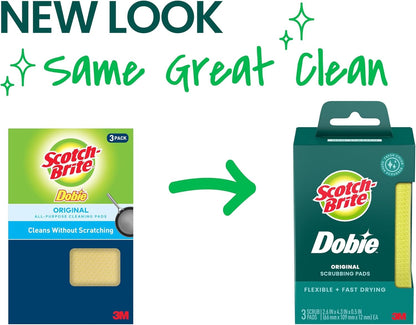 Scotch-Brite Dobie Non-Scratch All-Purpose Scrub Pads, 12 Total Pads (6 Packs of 2), Reusable Scouring Sponges for Kitchen & Bathroom, Safe on Non-Stick Cookware, Yellow