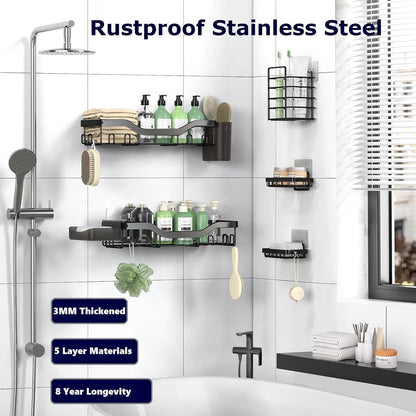 NESOMI Shower Caddy Adhesive Shower Organizer 7-Pack, Rustproof Stainless Steel Bathroom Shelves, Large Capacity No-Drill Rack Storage Accessories with Soap Dish Toothbrush Holder &24 Hooks Home Decor