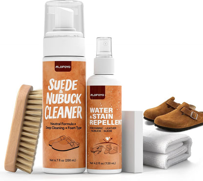 Suede and Nubuck Shoe Cleaner Kit, 5-in-1 Cleaning and Protector Spray with Suede Brush & Eraser, Cloth, Safely Clean, Protect & Restore Shoes, Boots, Uggs, Birkenstock, Jackets, Bags and Car Seats