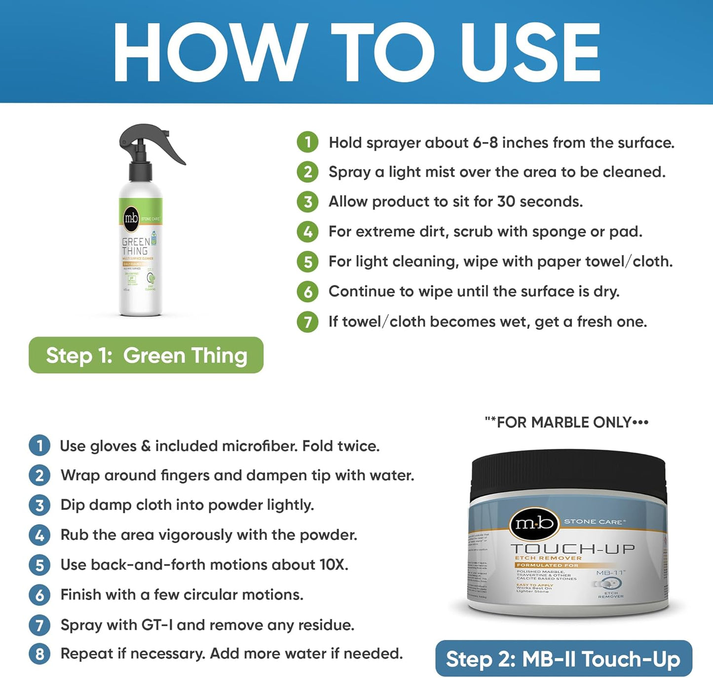 MB Stone Care Sample Kit - MB-11 Marble Etch Remover for Light to Neutral Colored Calcite Based Stone, GT-1 Green Thing, MB-24 Barrier Sealer, Finito Finishing Spray, Microfiber Towels