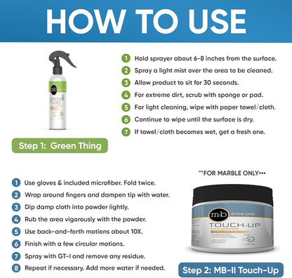 MB Stone Care Sample Kit - MB-11 Marble Etch Remover for Light to Neutral Colored Calcite Based Stone, GT-1 Green Thing, MB-24 Barrier Sealer, Finito Finishing Spray, Microfiber Towels