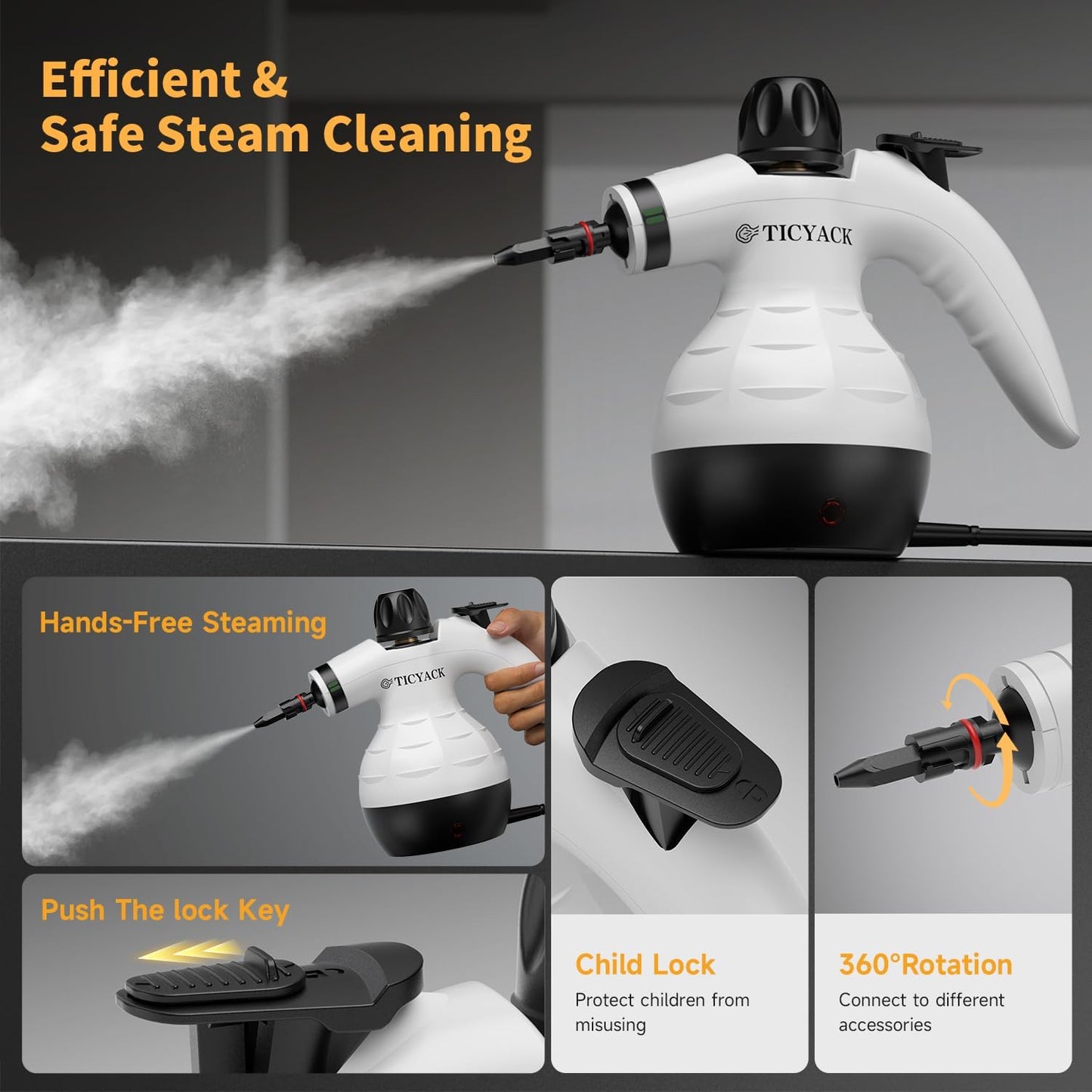 TICYACK Handheld Steam Cleaner, Steam Cleaner with 16 PCS Accessory & Safety Lock, 500ML Capacity, Multi-Surface Deep Cleaning for Home, Car, Bathroom, Grout, Floor, Window (White)