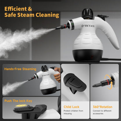 TICYACK Handheld Steam Cleaner, Steam Cleaner with 16 PCS Accessory & Safety Lock, 500ML Capacity, Multi-Surface Deep Cleaning for Home, Car, Bathroom, Grout, Floor, Window (White)