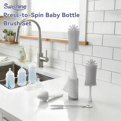 Baby Bottle Brush Set, Innovative Efficient Press-to-Spin Brush Cleaner - Includes Silicone Bottle Brush, Nipple Brush, Straw Cleaner - Spinning Generates Rich Foam for Deep Cleaning, Blue