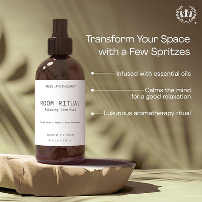 Muse Apothecary Room Ritual - Aromatic and Relaxing Room Mist, 4 oz, Infused with Natural Essential Oils - Aloe + Eucalyptus + Lavender