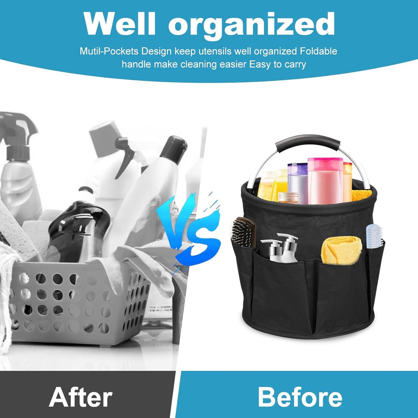 Qivine 17L Cleaning Caddy with Handle, Cleaning Supply Caddy Foldable Tool Bag Cleaning Products Organizers Portable Cleaning Bucket Organiser for Storing Towels(Blue)