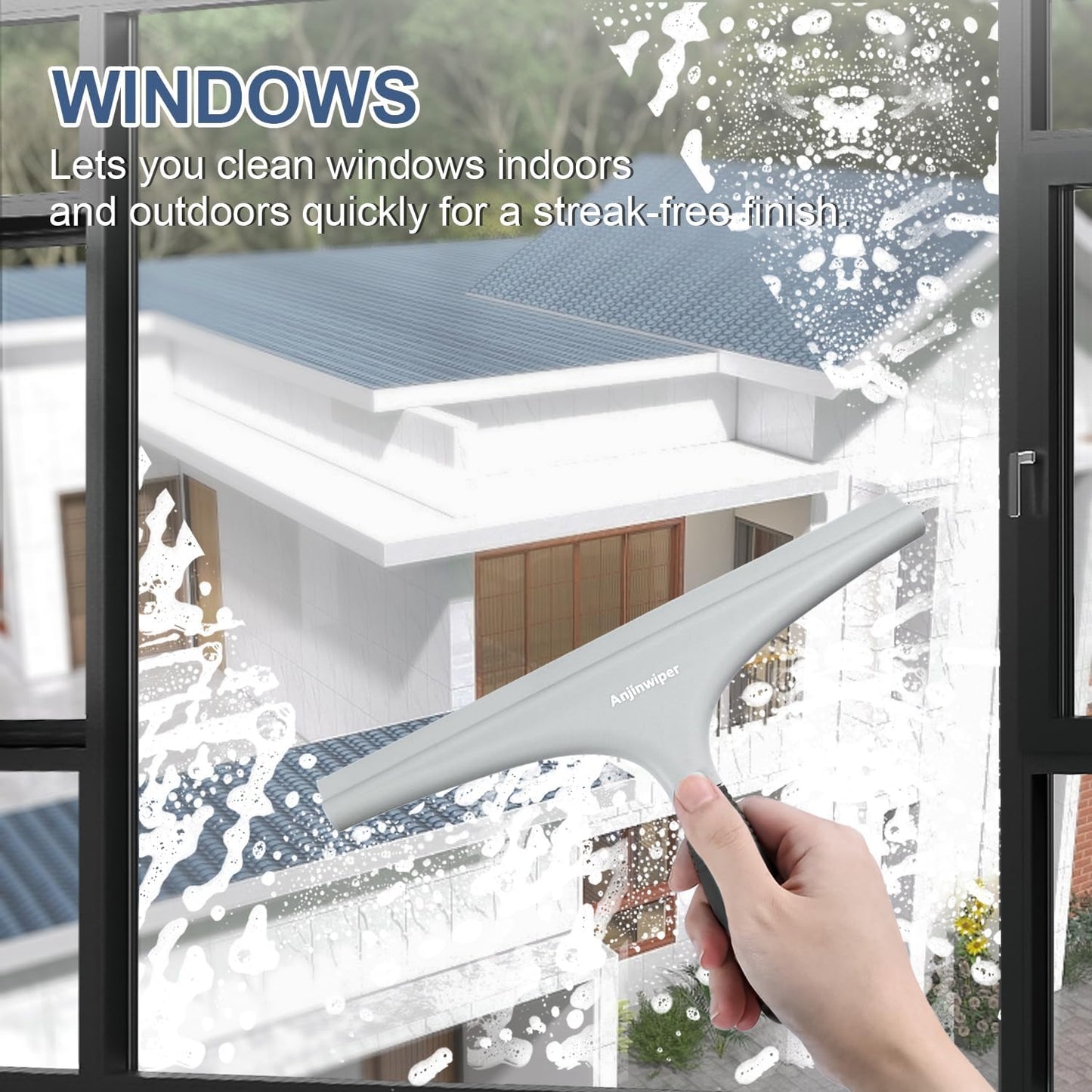 Silicone Shower Squeegee with Hook, Bathroom Squeegee for Shower Glass, Squeegee for Shower Doors, Mirror and Window, Shower Squeegee for Tile Shower Walls(10 inch, White & Gray)