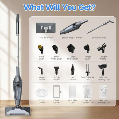SENMO Steam Mop, 14-in-1 Detachable Steam Cleaner for Home and Floor, 1300W 228°F Deep Cleaning MultiPurpose Steamer with 14 Attachments for Floor, Tile, Grout, Furniture, Carpet, Wall (Black)