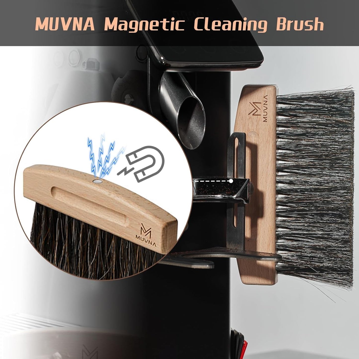 Coffee Brush and Dust Pan Set - Mini Hand Barista Broom, Magnetic Natural Horsehair Espresso Brush, Wood Barista Tools for Cleaning Tamping Station, Coffee Bar, Kitchen, Black