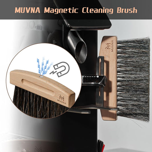 Coffee Brush and Dust Pan Set - Mini Hand Barista Broom, Magnetic Natural Horsehair Espresso Brush, Wood Barista Tools for Cleaning Tamping Station, Coffee Bar, Kitchen, Black