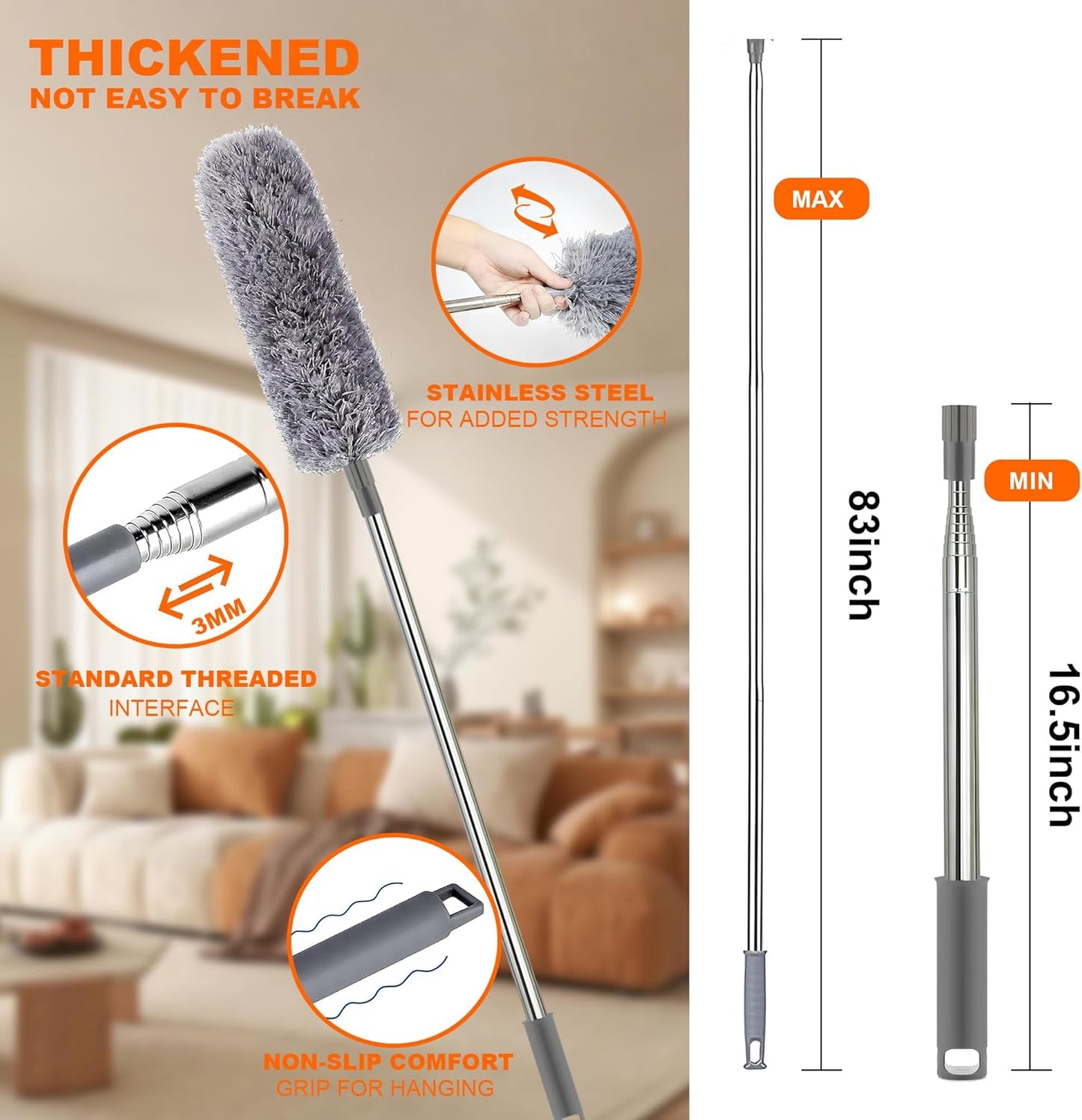 Microfiber Dusters for Cleaning,100" Professional Extension Pole Duster Kit with 2 Washable Bendable Heads,Cobweb Remover & Feather Duster for High Ceilings,Ceiling Fans,and Hard-to-Reach Areas,3PCS