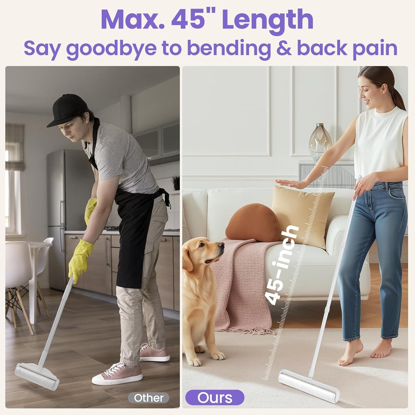 Large Lint Rollers for Carpet: Sticky Rollers for Floor DELOMO 9.45 in with 3 Extendable Handle, Long Handle Sticky Mop for Cleaning Carpets, Cars, Bedding, Couches, and Pet Hair - for Pet Homes
