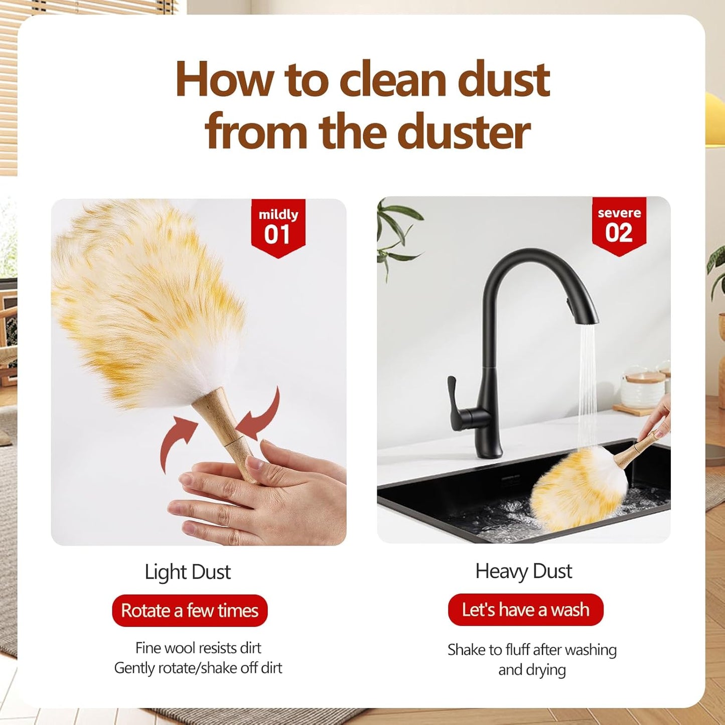 Lambswool Duster for Cleaning with Solid Wooden Handle Leather Hang Strap 87.8" Removable Retractable Feather Duster for Cleaning Ceiling Fans Window Blinds Interior Roof Furniture(2 Pack)