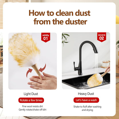 Lambswool Duster for Cleaning with Solid Wooden Handle Leather Hang Strap 87.8" Removable Retractable Feather Duster for Cleaning Ceiling Fans Window Blinds Interior Roof Furniture(2 Pack)