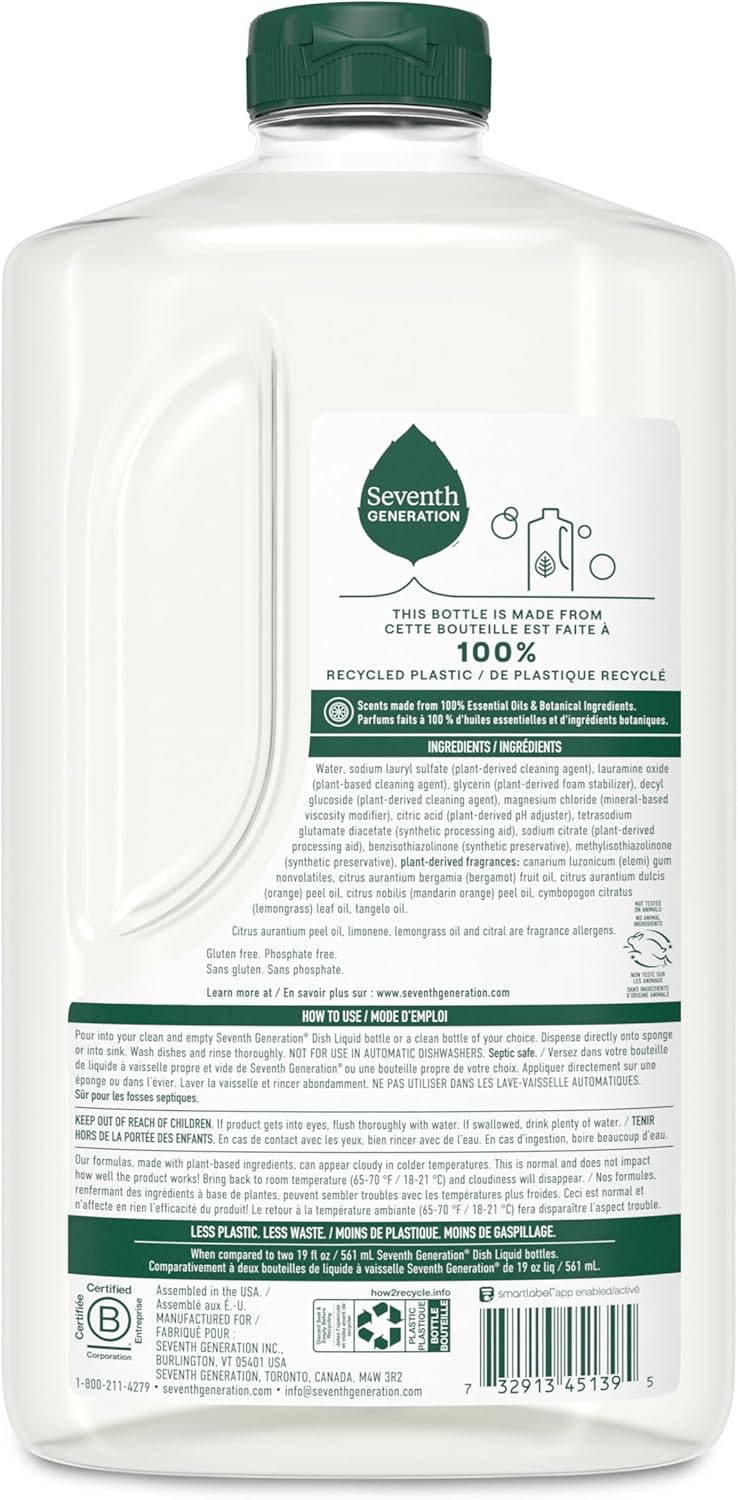 Seventh Generation Dish Soap Refill, Free & Clear, 50 fl oz, 3 Pack, Plant-Based Dishwashing Liquid for Grease & Tough Food Messes, For Sensitive Skin
