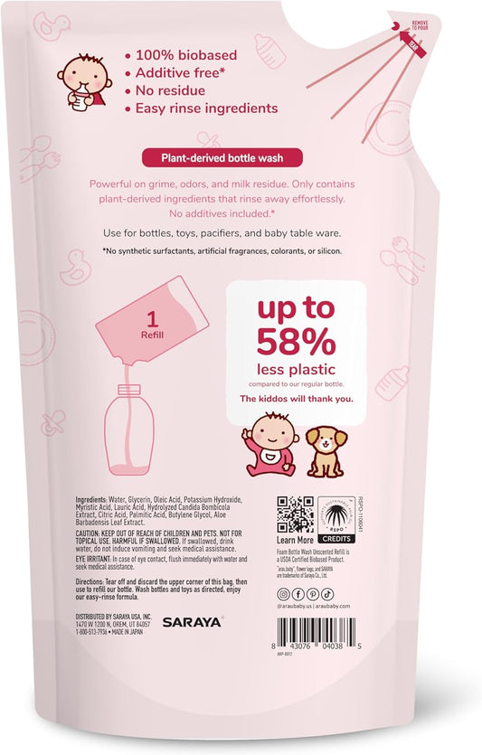 Arau Baby Unscented Foam Bottle Wash Refill, Natural Plant Based Baby Bottle & Dish Soap, No Artificial Fragrance or Additives, Gentle for Washing Bottles, Pacifiers and Toys, Easy Rinse, 15.21 Fl Oz