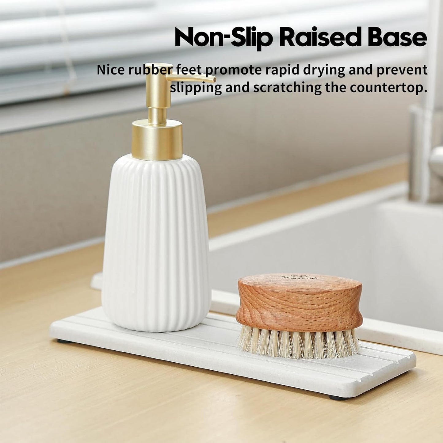 Fast Water Absorption Sink Organizer Tray Set, 3-Pack Compact and Space-Saving Stone Soap Holder Caddy for Kitchen & Bathroom Counter, Faucet Splash Guard, White (1pc of 8"x3.8" + 2pcs of 3.8"x3.8")