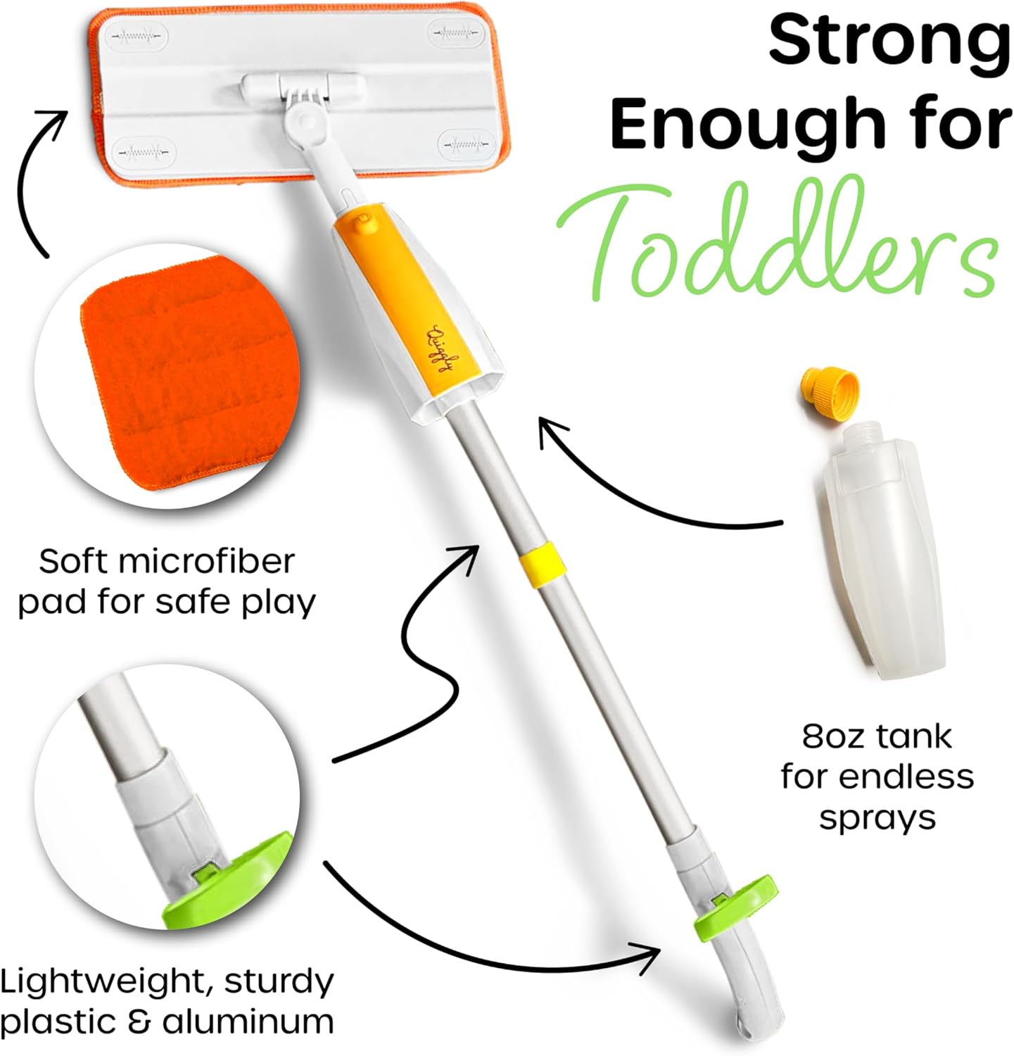 Quiggly Toddler Spray Mop – Two-Handed Design for Ages 3–5 with Real Water Sprayer – Montessori Functional Cleaning Toy Set