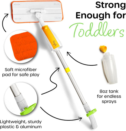 Quiggly Toddler Spray Mop – Two-Handed Design for Ages 3–5 with Real Water Sprayer – Montessori Functional Cleaning Toy Set