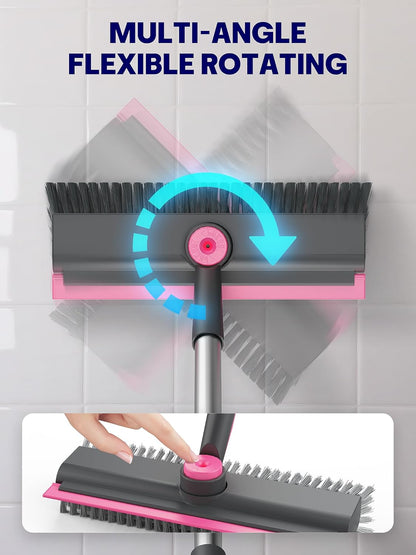 Floor Scrub Brush with Long Handle, 3 in 1 Scrape and Heavy-Duty Stiff Bristle Floor Scrubber Brush with Squeegee and Tweezer for Cleaning Tile Wall Deck Bathroom Patio Garage Kitchen (White)