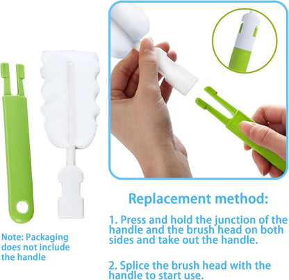 Bottle Brush Sponge Cup Brush Set with 4 Replacement Brush Head Portable Long Handle Water Bottle Cleaner Brush, for Baby Bottles Vacuum Flasks (4 Brushes + 4 Heads)
