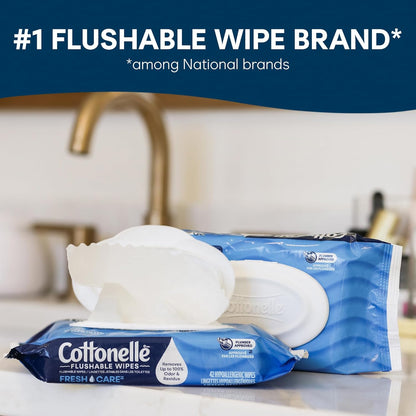 Cottonelle Fragrance Free Flushable Wet Wipes, Adult Wet Wipes, 2 Flip-Top Packs, 42 Wipes Per Pack