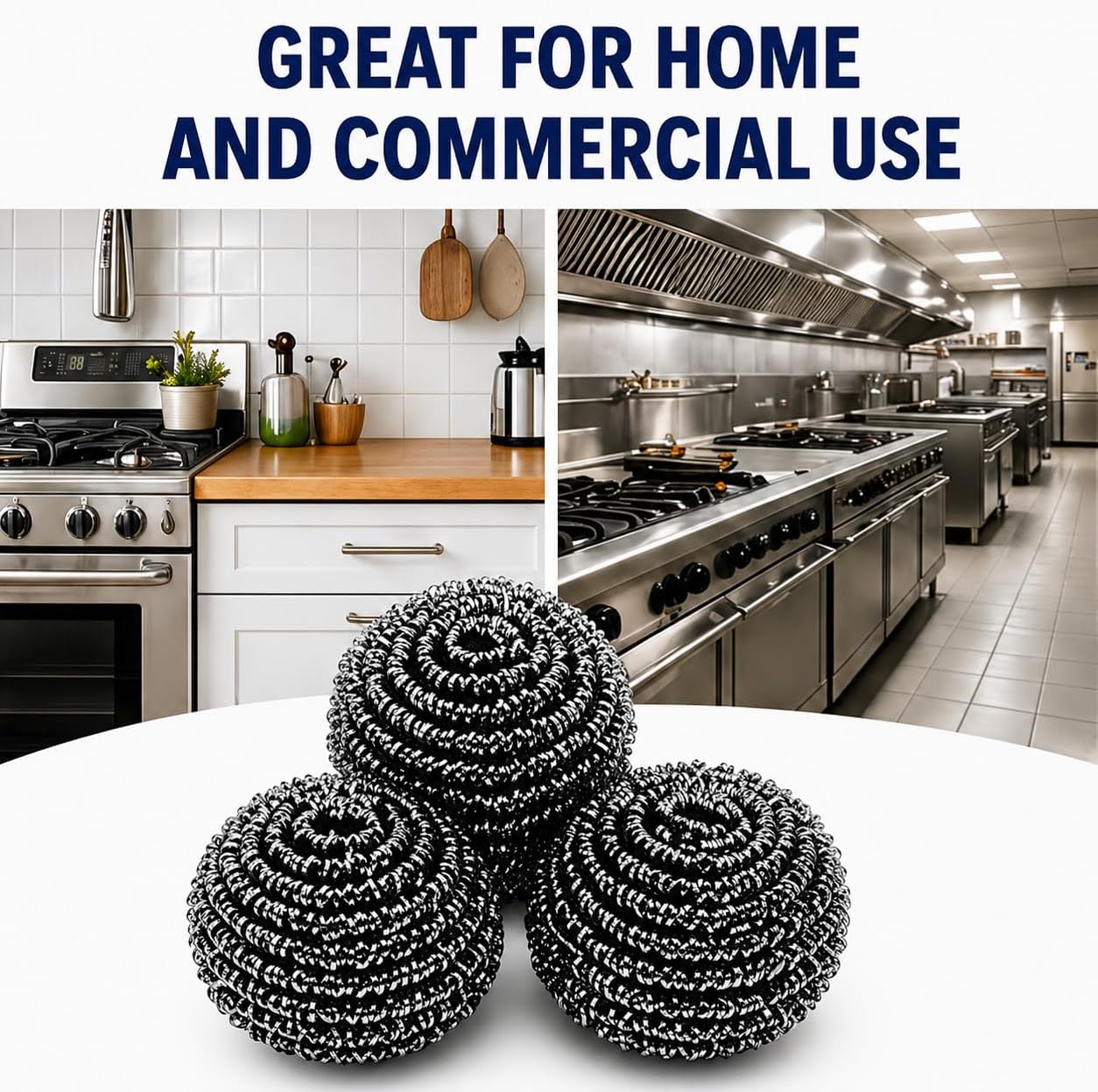 Stainless Steel Scrubber Balls 3 Pack, Heavy Duty Steel Wool Scouring Pads for Pots, Pans, Sink & Grill, Rust Resistant Kitchen Cleaning Scrubbers, Long Lasting (3)