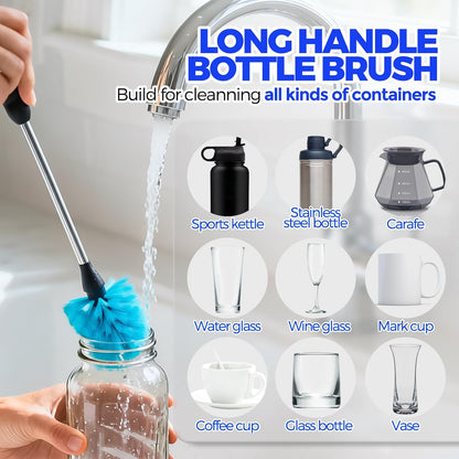 Holikme 4 Pack Bottle Brush Set, 14.5" Long Handle Stainless Steel Bottle Cleaner Brush, Long-Handled 4-in-1 Stainless Steel Bottle Brushes for Water Bottle, Cups, Abrasive Wheel Brushes, Blue